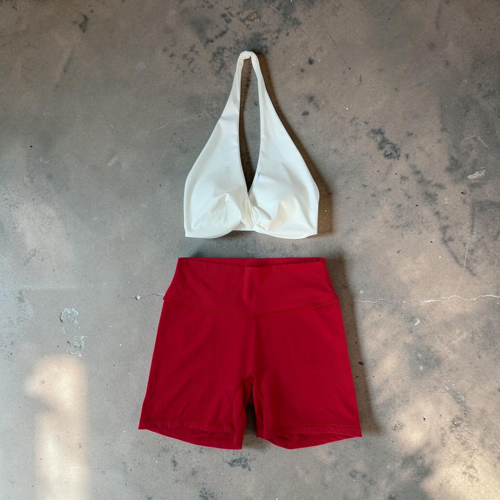 Workout Set - White Halter Top & Red Shorts